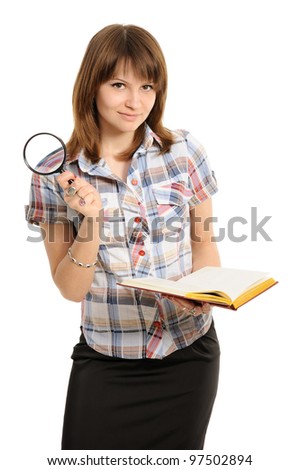 Eye and magnifying glass and book on a white background