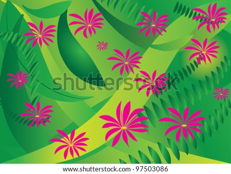 abstract tropic background with leafs and pink flower