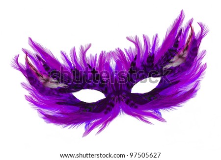 Fancy festive purple feathers dress mask isolated on white background