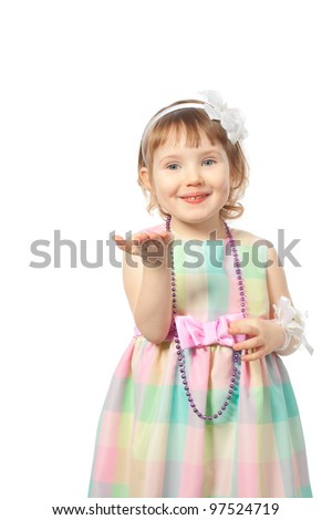 Girl sends air kiss dress bow beads tape cages