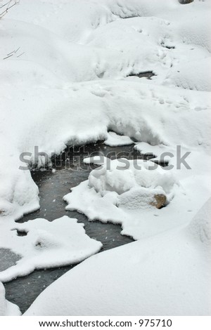 An icy mountain stream covered with snow