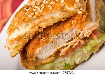 buffalo bbq chicken sandwich on a white plate Royalty-Free Stock Photo #9757234