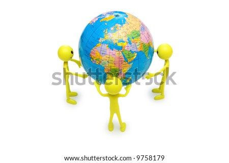 Smilies holding the globe isolated on white
