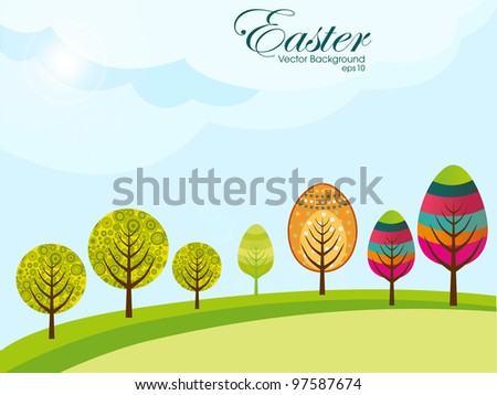 Decorated and colorful Easter eggs, trees on clean natural background, illustration Easter. Beautiful vector in EPS 10.