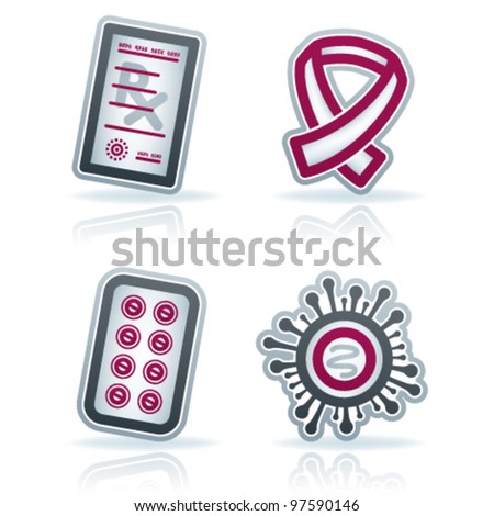 4 icons in "Healthcare" 22 degrees blue icons set pictured here from left to right: Prescription, Cancer "Pink Ribbon", Pills blister, Virus.