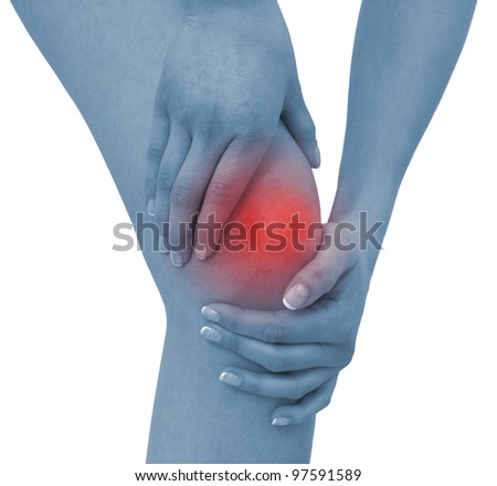 Acute pain in a woman knee. Concept photo with blue skin with read spot indicating pain. Isolation on a white background