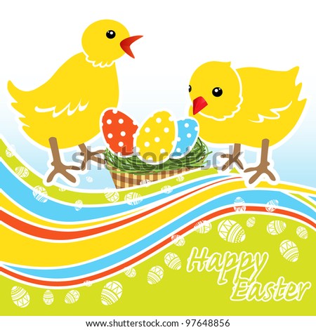 Easter Card. Chickens near a basket with eggs. Easy to edit. Perfect for invitations or announcements.