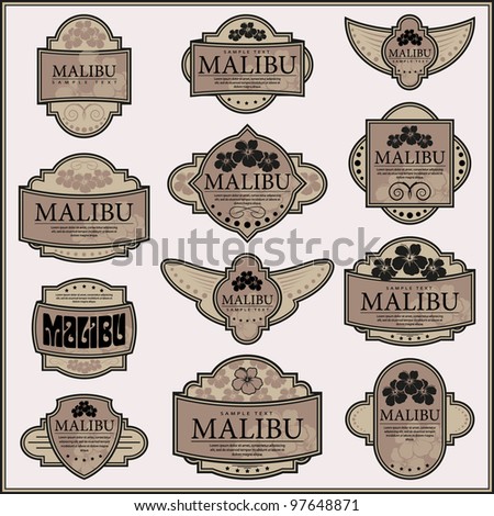 Set of ornate labels. Grouped for easy editing. Perfect for labels or stickers for wine, tea, coffee, soap, beer, powder, cologne and etc.
