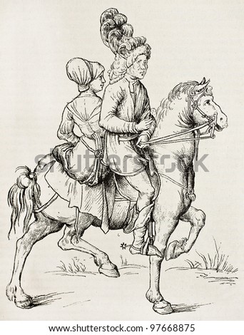 Man and woman horseback. By unknown author (from Nuremberg school, 16th century, Gigoux collection), published on Magasin Pittoresque, Paris, 1882