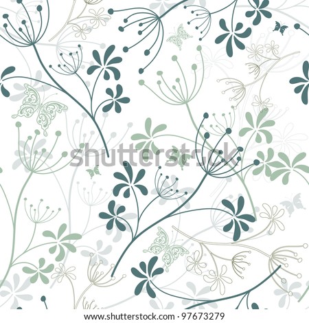 Repeating white and green floral pattern with flowers and  butterflies (vector)