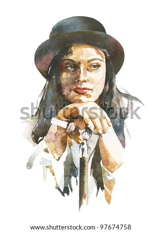 watercolor portrait of women in a hat