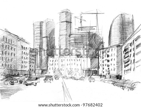 hand drawn of a big city with a modern skyscrapers Royalty-Free Stock Photo #97682402
