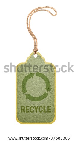 Label with recycle symbol, white background, clipping path.