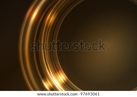 Overlying semitransparent ring segments with light effects form a golden glowing circular frame on dark brown background. Space for your message.