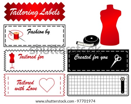 Tailoring Labels. Model, tape measure, scissors, needle, thread, cutting mat, rotary cutter, love, heart, copy space for dressmaking, sewing, do it yourself fashion crafts, hobbies. EPS8 compatible.
