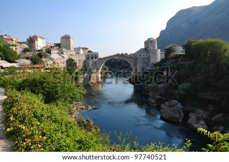 Bosnia and Herzegovina, Famous old stars most bridge on Neretva river in Mostar, Bosnia and Herzegovina in Europe. travel destination and landmarks concept photo. landmark made by Ottomans in Europe