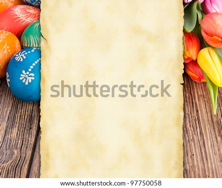 Easter still life with empty greeting card for your text