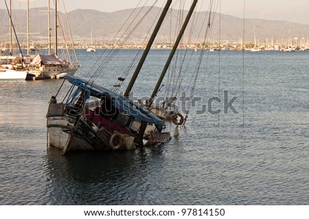 Harbor in Fethiye with sinking ship, Turkey Royalty-Free Stock Photo #97814150