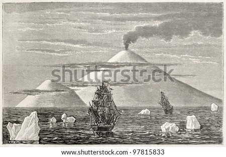 Beaufort island and volcano old view, Antarctica. Created by Sellier and Meunier, published on Magasin Pittoresque, Paris, 1882