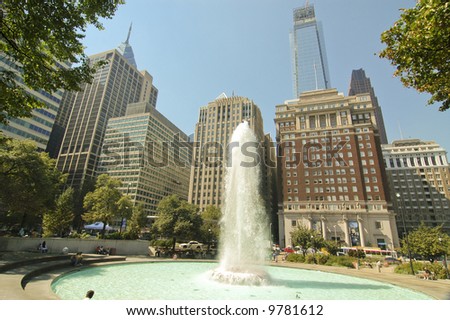 downtown philadelphia with fountain and skyline