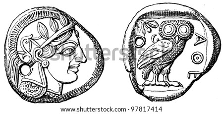 Head of Pallas, Owl, Tetradrahmon Athens, the era of the Persian Wars - an illustration to articke "Coins" of the encyclopedia publishers Education, St. Petersburg, Russian Empire, 1896