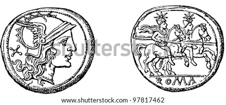 Head the goddess Roma, Castor and Pollux, Roman denarius - an illustration to articke "Coins" of the encyclopedia publishers Education, St. Petersburg, Russian Empire, 1896