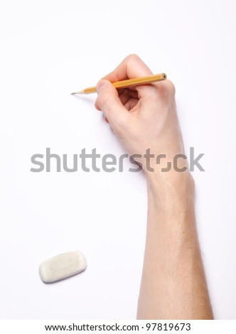 Image of human hand with pencil and eraser on white Royalty-Free Stock Photo #97819673