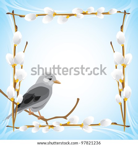 Jay in the frame with pussy willow branches. Vector