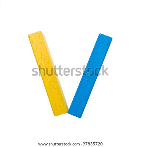 Letters of the alphabet, composed of colorful wooden toy blocks. The letter "V" isolated on a white background with clipping path.