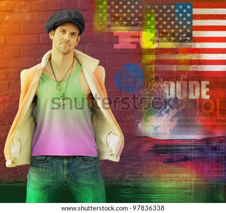 Cool stylized portrait of a hip young male model in hat and vest and retro clothing posing against red brick wall with abstract background theme