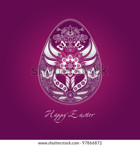 happy easter greeting card with white decorative egg containing folk motifs