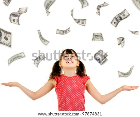  joyful beautiful little girl , with ; bulk cash dollars, on white background, isolated