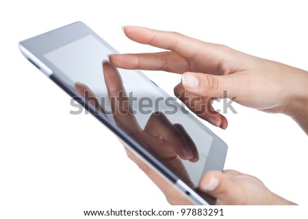 woman hands holding and point on modern electronic digital frame with blank screen