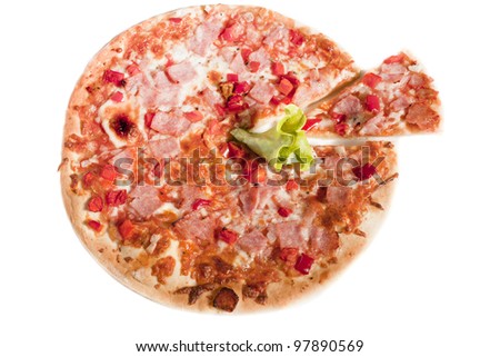 ham and cheese pizza is isolated on a white