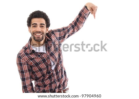 Man is pointing to an advertisement