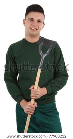 Gardener with a hoe, isolated on white