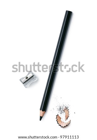 Pencil with sharpening shavings on white background Royalty-Free Stock Photo #97911113