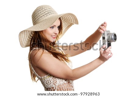 Happy summer woman making photos, isolated on white