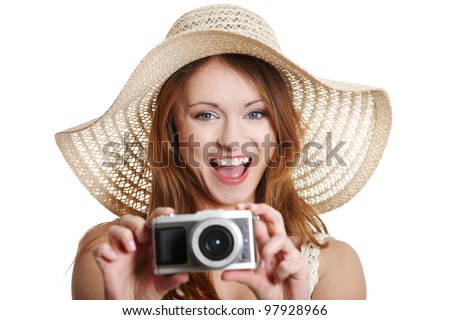 Happy summer woman making photos, isolated on white