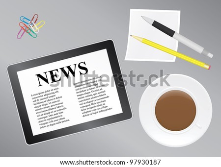 office table with tablet and coffee cup vector illustration