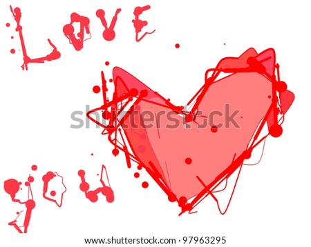 Vector Valentine Heart of  blots on white and Love-you lettering of blobs. Creative hand painted artwork. 