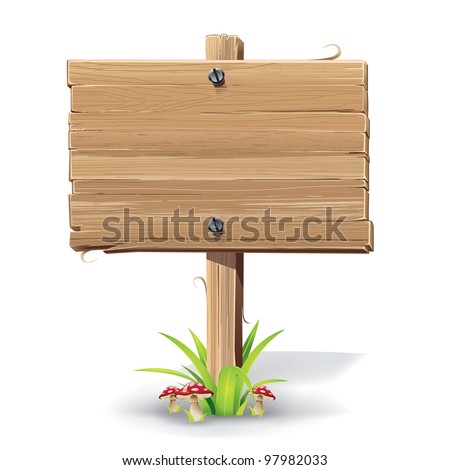 Wooden sign on a grass with mushrooms. vector illustration