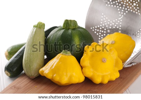 Closeup  of  Freshly Picked Variety of Summer Squash in the Zucchini Family with Space for Text or Copy Space.