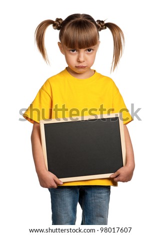 Portrait of little girl with blackboard isolated on white background