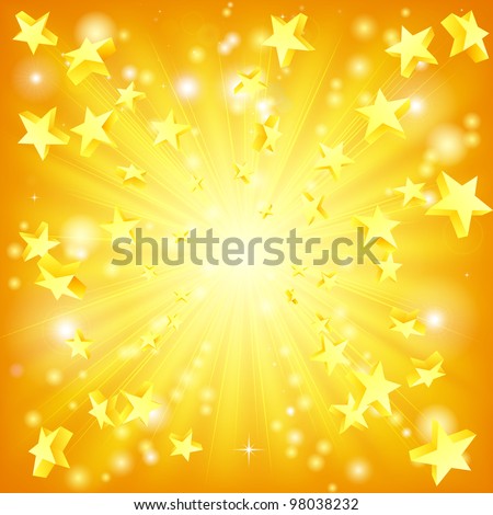 Orange and yellow background with 3d stars flying out.