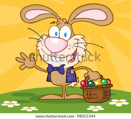 Waving Brown Bunny With Easter Eggs And Basket. Raster Illustration.Vector version also available in portfolio.