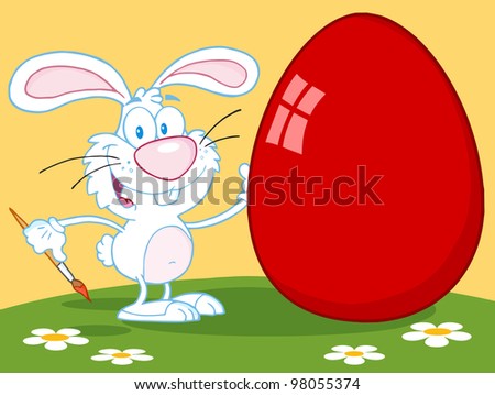 Happy Rabbit Painting Red Easter Egg Outdoors. Raster Illustration.Vector version also available in portfolio.