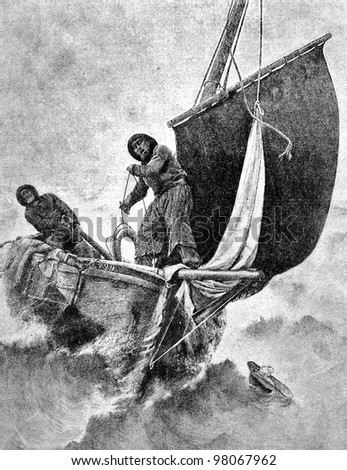 Man overboard! Engraving by Hoffman from picture by Gaket. Published in magazine "Niva", publishing house A.F. Marx, St. Petersburg, Russia, 1888