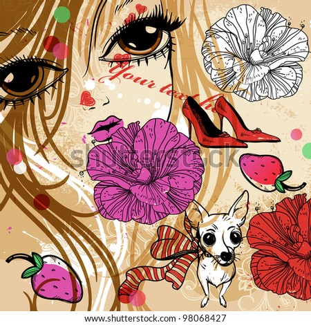 eps10 illustration of a pretty girl, blooming flowers ,red shoes and a little dog