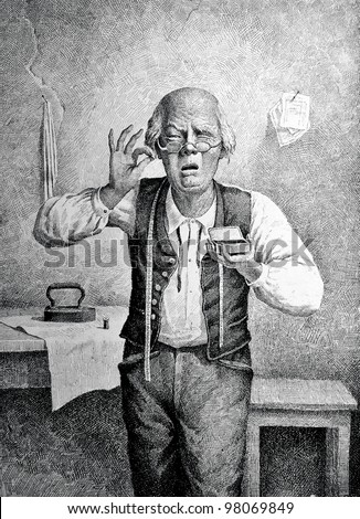 A man sniffs tobacco. Engraving by Angerer  from picture by Obolensky. Published in magazine "Niva", publishing house A.F. Marx, St. Petersburg, Russia, 1888